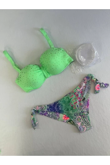 Kadın Yeşil Taş İşlemeli 3 Parça Bikini Takım HZL25S-LC3315