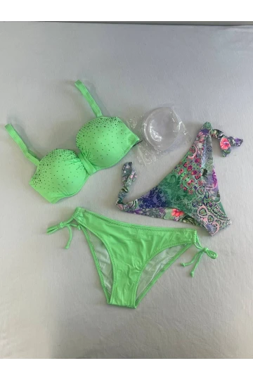 Kadın Yeşil Taş İşlemeli 3 Parça Bikini Takım HZL25S-LC3315