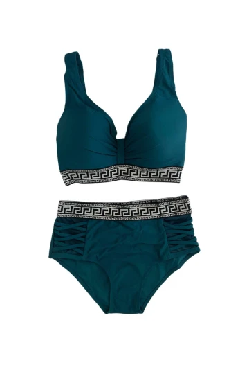 Kadın Yeşil Yüksek Bel Yanları Şerit Detaylı Desenli Lastikli Destekli Bikini Takımı HZL25S-LC201