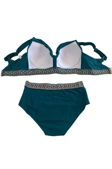 Kadın Yeşil Yüksek Bel Yanları Şerit Detaylı Desenli Lastikli Destekli Bikini Takımı HZL25S-LC201