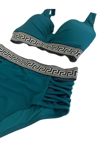 Kadın Yeşil Yüksek Bel Yanları Şerit Detaylı Desenli Lastikli Destekli Bikini Takımı HZL25S-LC201