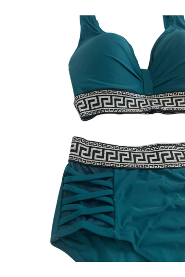 Kadın Yeşil Yüksek Bel Yanları Şerit Detaylı Desenli Lastikli Destekli Bikini Takımı HZL25S-LC201
