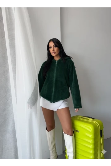 Kadın Zümrüt Welsoft esnek kumaş Peluş Yumoş Önü Fermuarlı Kapüşonlu Ceket HZL23W-DSB110081