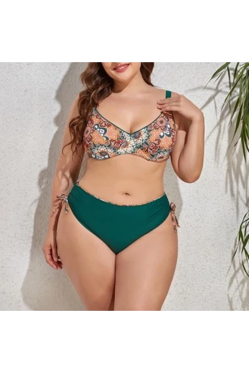 Kadın  Zümrüt Yeşil Etnik Desen Büyük Beden Bikini Takım HZL25S-LC3310
