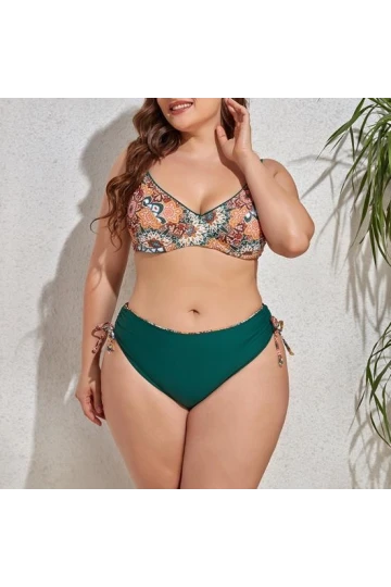 Kadın  Zümrüt Yeşil Etnik Desen Büyük Beden Bikini Takım HZL25S-LC3310
