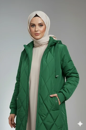 Kadın Zümrüt Yeşil Uzun Kapitone Astarlı Şişme Tesettür Mont HZL25W-BD151381