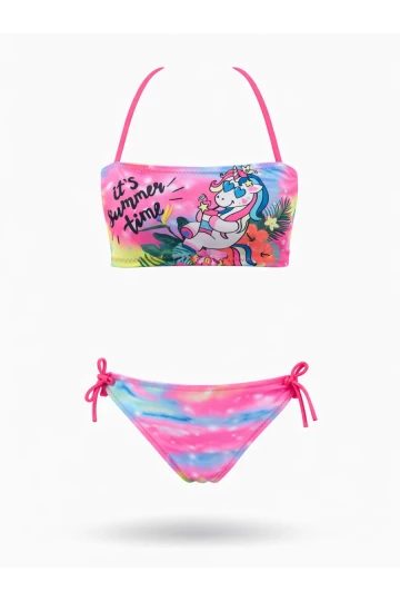 Kız Çocuk Açık Pembe Desenli  2-8 Yaş Straplez Bikini Takım HZL24S-LC3652