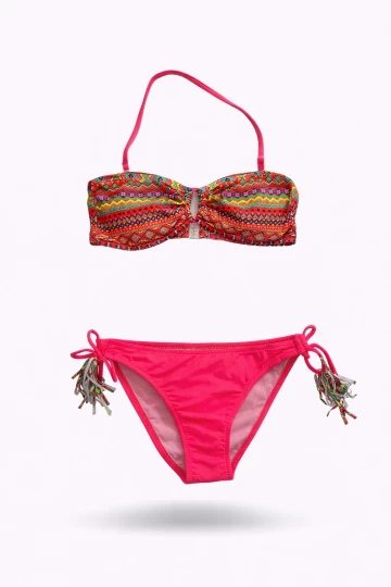 Kız Çocuk Fuşya Çok Renkli  İp Detaylı Astarlı 4-12 Yaş Üçgen Bikini Takım HZL24S-LC1904