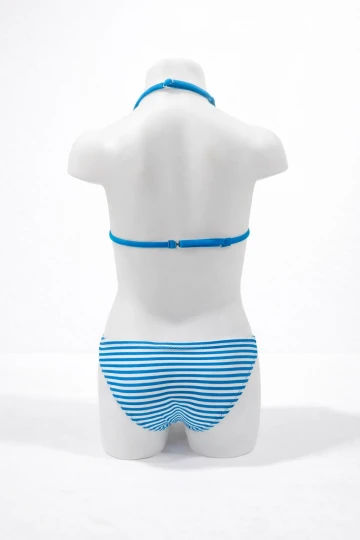 Kız Çocuk Mavi Beyaz Çizgili Flamingo Desenli  4-12 Yaş Üçgen Bikini Takım HZL24S-LC171