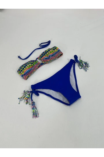 Kız Çocuk Mavi Çok Renkli  İp Detaylı Astarlı 4-12 Yaş Üçgen Bikini Takım HZL24S-LC1904