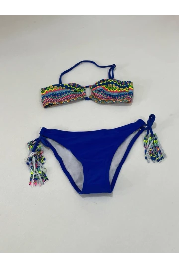 Kız Çocuk Mavi Çok Renkli  İp Detaylı Astarlı 4-12 Yaş Üçgen Bikini Takım HZL24S-LC1904
