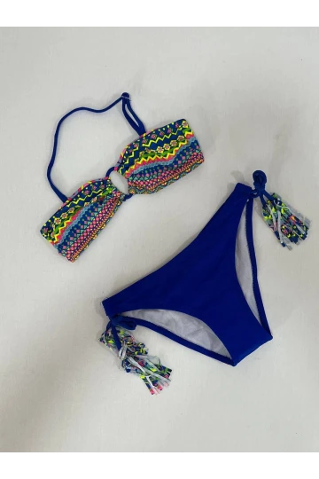 Kız Çocuk Mavi Çok Renkli  İp Detaylı Astarlı 4-12 Yaş Üçgen Bikini Takım HZL24S-LC1904