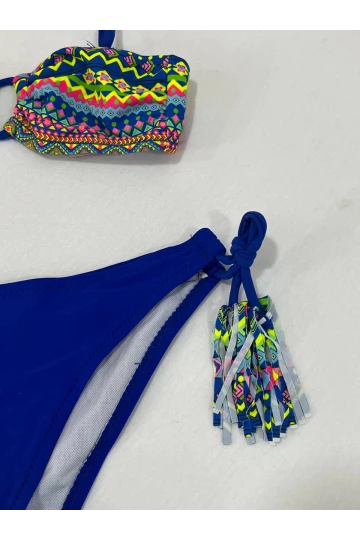 Kız Çocuk Mavi Çok Renkli  İp Detaylı Astarlı 4-12 Yaş Üçgen Bikini Takım HZL24S-LC1904