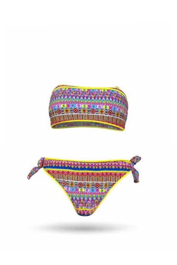 Kız Çocuk Mavi Neon Sarı Çok Renkli Astarlı 4-12 Yaş Straplez Bikini Takım HZL24S-LC6355