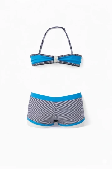 Kız Çocuk Mavi Siyah Çizgili Şortlu 4-12 Yaş Straplez Bikini Takım HZL24S-LC9034