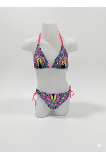 Kız Çocuk Mavi Tavuz Kuşu Desenli  6-14 Yaş Üçken Bikini Takım HZL24S-LC9017