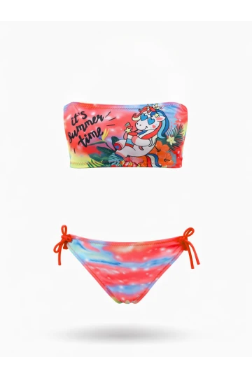Kız Çocuk Neon Pembe Desenli  2-8 Yaş Straplez Bikini Takım HZL24S-LC3652