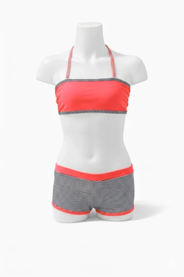 Kız Çocuk Neon Pembe Siyah Çizgili Şortlu 4-12 Yaş Straplez Bikini Takım HZL24S-LC9034