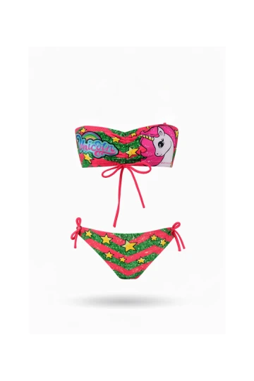Kız Çocuk Neon Pembe Unicorn Desenli  2-8 Yaş Straplez Bikini Takım HZL24S-LC3658