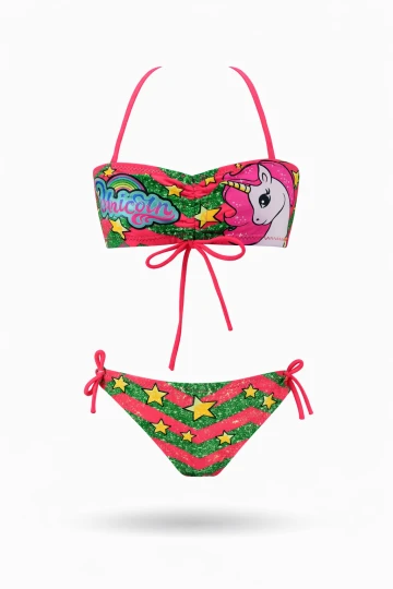 Kız Çocuk Neon Pembe Unicorn Desenli  2-8 Yaş Straplez Bikini Takım HZL24S-LC3658