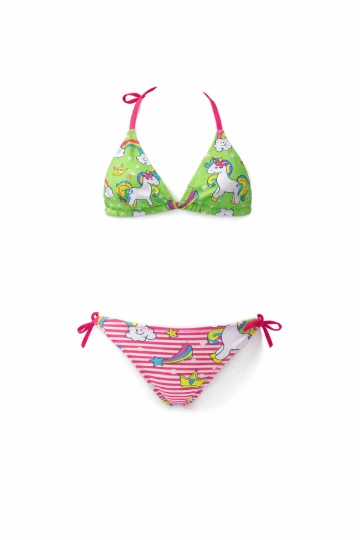 Kız Çocuk Neon Pembe Yeşil Unicorn Temalı Bikini Takım HZL25S-LC19049