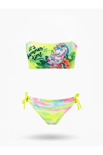 Kız Çocuk Neon Sarı Desenli  2-8 Yaş Straplez Bikini Takım HZL24S-LC3652