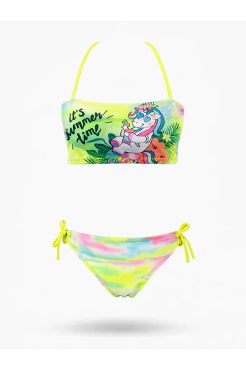 Kız Çocuk Neon Sarı Desenli  2-8 Yaş Straplez Bikini Takım HZL24S-LC3652