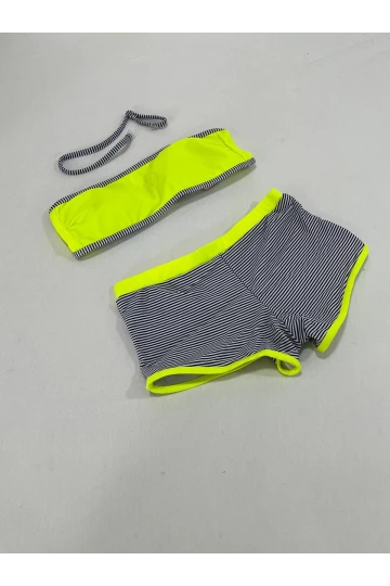 Kız Çocuk Neon Sarı Siyah Çizgili Şortlu 4-12 Yaş Straplez Bikini Takım HZL24S-LC9034