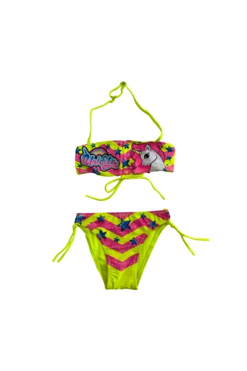 Kız Çocuk Neon Sarı Unicorn Desenli  2-8 Yaş Straplez Bikini Takım HZL24S-LC3658