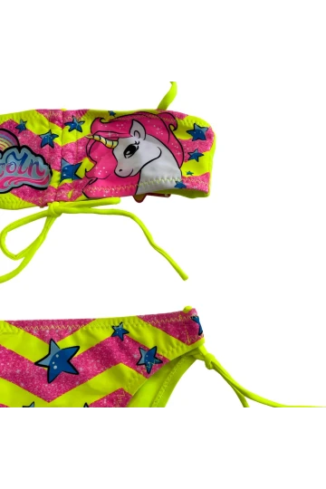Kız Çocuk Neon Sarı Unicorn Desenli  2-8 Yaş Straplez Bikini Takım HZL24S-LC3658