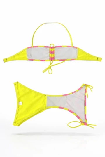 Kız Çocuk Neon Sarı Unicorn Desenli  2-8 Yaş Straplez Bikini Takım HZL24S-LC3658