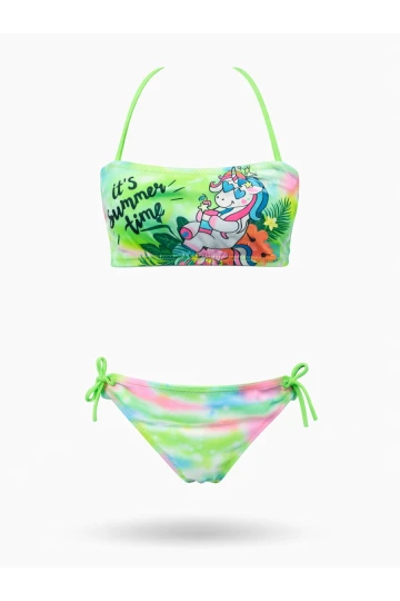 Kız Çocuk Neon Yeşil Desenli  2-8 Yaş Straplez Bikini Takım HZL24S-LC3652