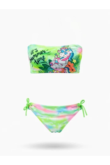 Kız Çocuk Neon Yeşil Desenli  2-8 Yaş Straplez Bikini Takım HZL24S-LC3652