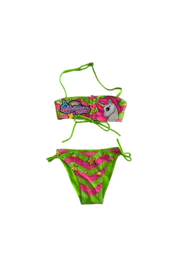 Kız Çocuk Neon Yeşil Unicorn Desenli  2-8 Yaş Straplez Bikini Takım HZL24S-LC3658