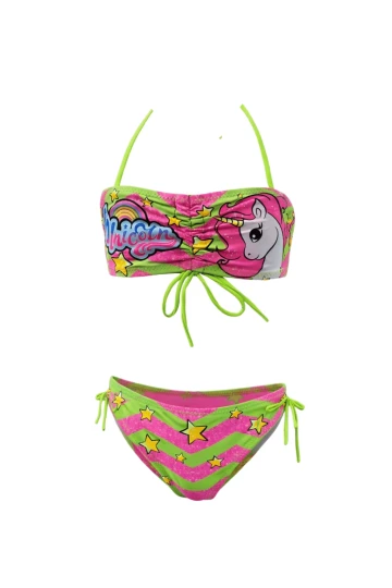 Kız Çocuk Neon Yeşil Unicorn Desenli  2-8 Yaş Straplez Bikini Takım HZL24S-LC3658