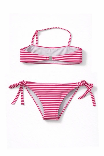 Kız Çocuk Pembe Beyaz Çizgili Arı Çıkartmalı 4-12 Yaş Straplez Bikini Takım HZL24S-LC3228