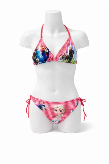 Kız Çocuk Pembe Çizgi Figürlü İp Bağlamalı Bikini Takım HZL25S-LC842