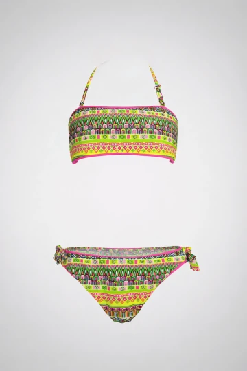 Kız Çocuk Pembe Neon Sarı Çok Renkli Astarlı 4-12 Yaş Straplez Bikini Takım HZL24S-LC6355
