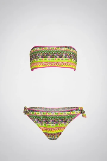 Kız Çocuk Pembe Neon Sarı Çok Renkli Astarlı 4-12 Yaş Straplez Bikini Takım HZL24S-LC6355