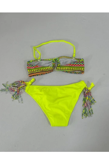 Kız Çocuk Sarı Çok Renkli  İp Detaylı Astarlı 4-12 Yaş Üçgen Bikini Takım HZL24S-LC1904