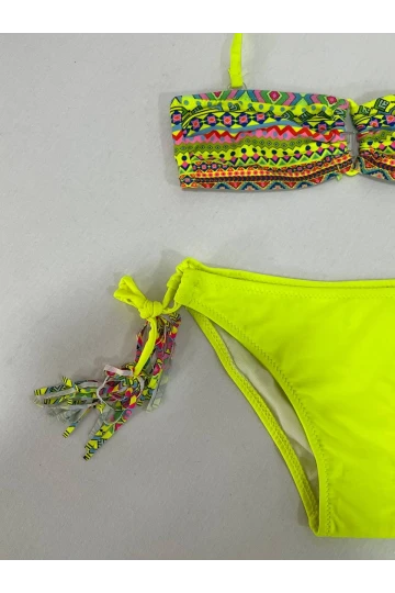 Kız Çocuk Sarı Çok Renkli  İp Detaylı Astarlı 4-12 Yaş Üçgen Bikini Takım HZL24S-LC1904