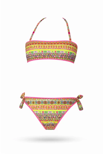 Kız Çocuk Somon Neon Sarı Çok Renkli Astarlı 4-12 Yaş Straplez Bikini Takım HZL24S-LC6355