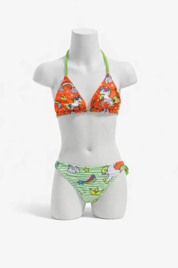 Kız Çocuk Turuncu Yeşil Unicorn Temalı Bikini Takım HZL25S-LC19049
