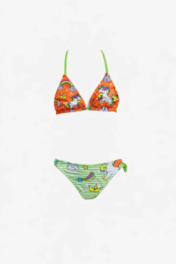 Kız Çocuk Turuncu Yeşil Unicorn Temalı Bikini Takım HZL25S-LC19049