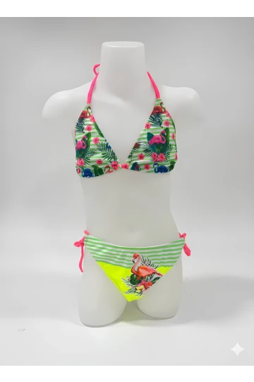 Kız Çocuk Yeşil Flamingo Glow Desenli  6-14 Yaş Üçken Bikini Takım HZL26S-LC9018