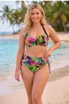 Kadın Siyah Tropikal Yaprak Desenli Toparlayıcı Büyük Beden Bikini Takımı HZL26S-LC3342