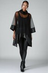 Kadın Siyah Tül Deri Detaylı Kapri Kol Oversize Şık Tunik HZL23W-DSB110051