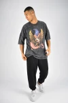 Erkek Antrasit Bisiklet Yaka Kartal Baskılı  Oversize Örme T-shirt HZL23S-MXC130131