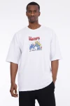 Erkek Beyaz Şirinler Baskılı Oversize Örme T-shirt HZL23S-MXC130031