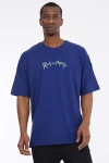 Erkek Saks Mavi Rick and Morty Yazı Baskılı Oversize Örme T-shirt HZL23S-MXC130071